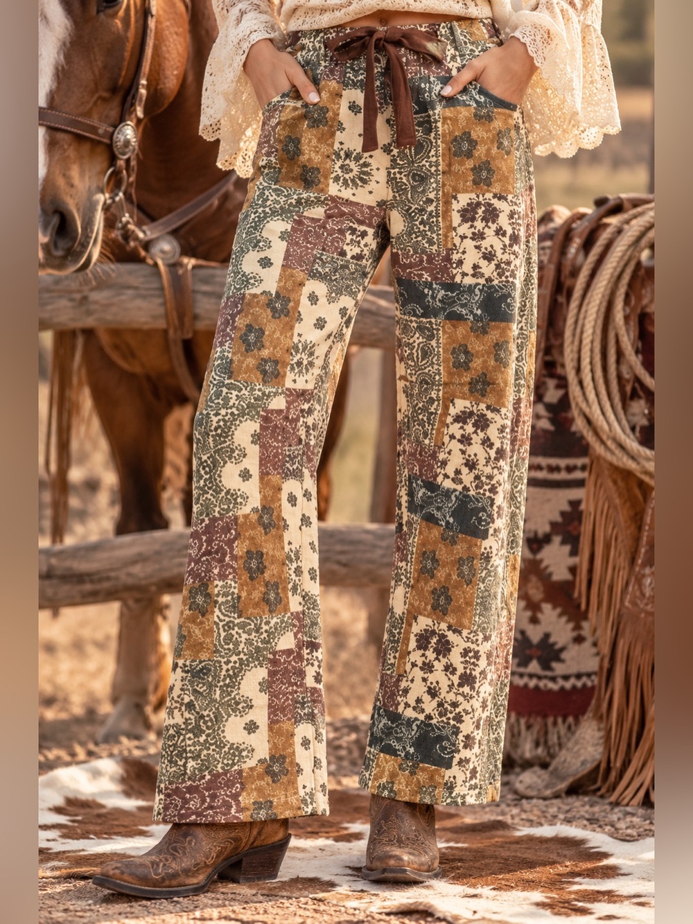 Paisley floral patchwork drawstring barrel boho wide leg western bohemian jeans